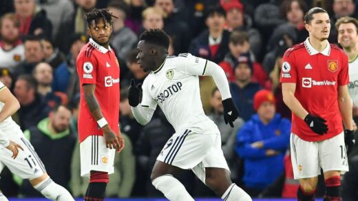 Leeds forward Wilfried Gnonto celebrates his goal against Man Utd