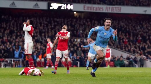 Manchester City forward Jack Grealish celebrates scoring against Arsenal