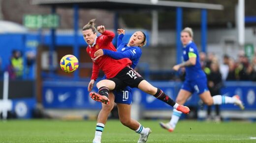 0 GettyImages 1472964039jpgHayley Ladd of Manchester United is challenged by Lauren James of Chelsea