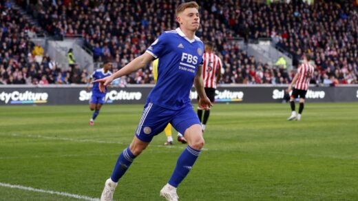 Leicester Citys Harvey Barnes celebrates