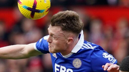 Leicester defender Harry Souttar wins a header