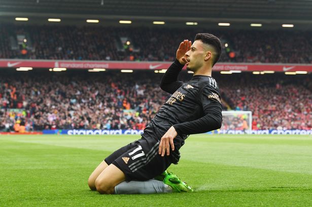 0 Martinelli celebrates at Anfield