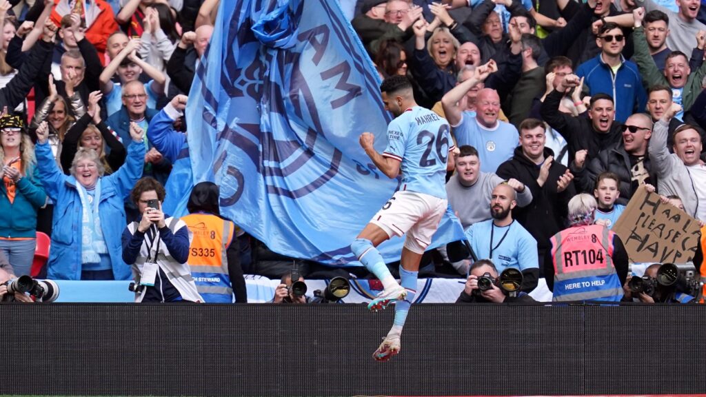 Riyad Mahrez celebrates Man City Sheffield United